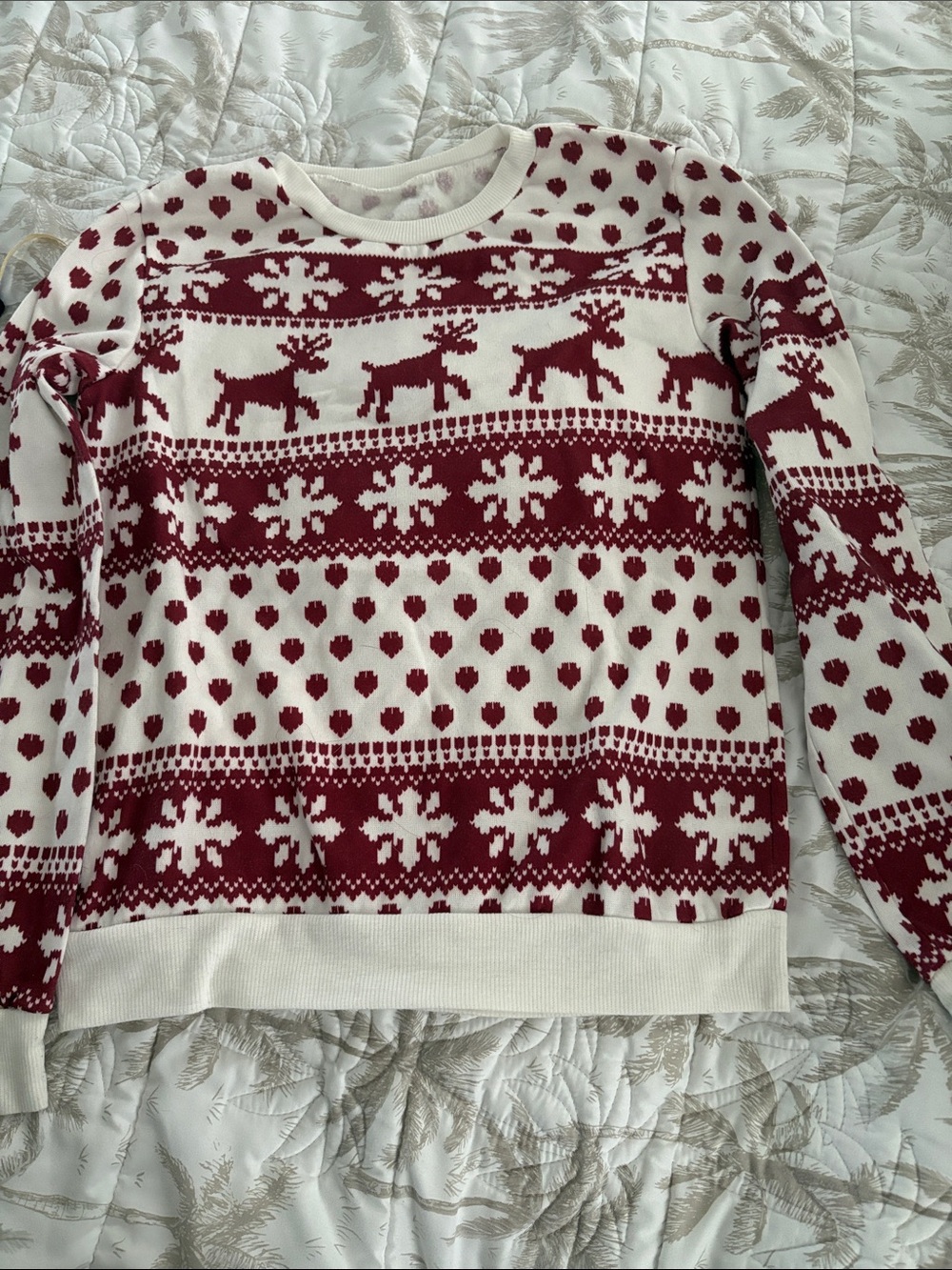 Women’s Cream and Burgundy Holiday Reindeer Sweater